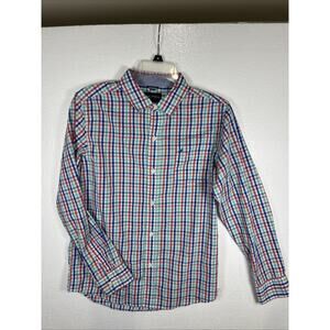 Nautica Button Up Shirt YOUTH BOYS L (14/16) Long Sleeve Plaid Blue Dress Casual